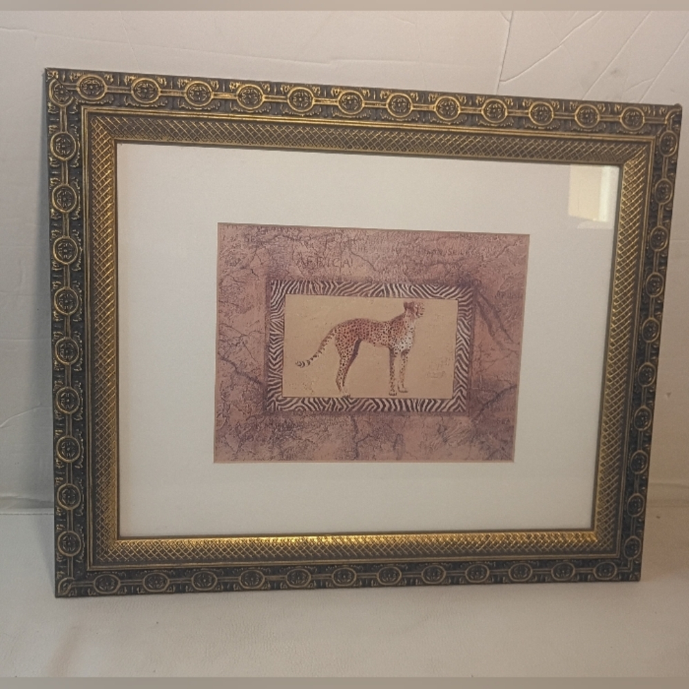 Vintage 80s-90s Lithograph Art Print African Cheetah Theme Decorative Gold Frame